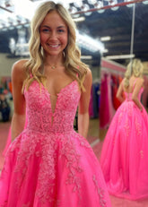 Bblythe | Hot Pink Ball - Gown/Princess V Neck Corset Tulle Formal Dress with Lace - Hot Pink - PromDressClub